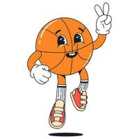 Isolated groovy character jumping orange basketball in gloves in flat retro classic cartoon style of 60s 70s on white background. Illustration for your design, print, card, poster, stickers vector