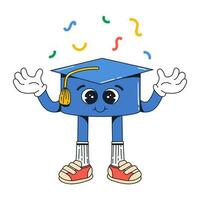 Isolated groovy character blue square academic cap in gloves in flat retro classic cartoon style of 60s 70s on white background. Illustration for your design, print, card, poster, stickers vector