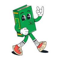 Isolated groovy character walking green book in gloves in flat retro classic cartoon style of 60s 70s on white background. Illustration for your design, print, card, poster, stickers vector