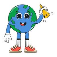 Isolated groovy character planet ringing the bell in gloves in flat retro classic cartoon style of 60s 70s on white background. Illustration for your design, print, card, poster, stickers vector