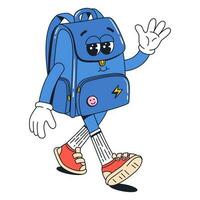 Isolated groovy character walking blue backpack in gloves in flat retro classic cartoon style of 60s 70s on white background. Illustration for your design, print, card, poster, stickers vector