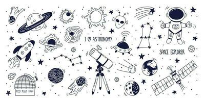 Set hand drawn doodle astronomy elements. Telescope, observatory, cosmonaut, station, satellite, planets, sun, stars. Flat vector illustration on white background