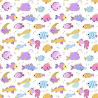 Colorful seamless pattern with different ocean fish and bubbles in flat hand drawn style. For design, textile, background vector