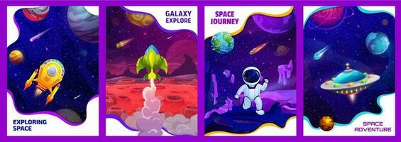 Cartoon space posters with spaceships, astronaut vector