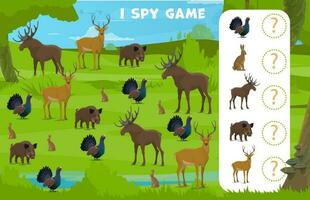 yo espía juego bosque caza animales, niños hoja de cálculo vector