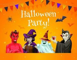 Halloween party banner with cartoon characters vector