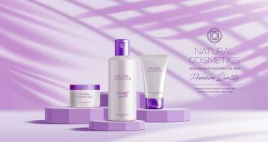 Purple or lavender podium with cosmetics bottles vector