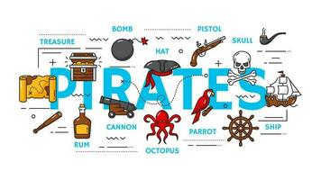 Piracy, pirate and corsair items, outline icons vector