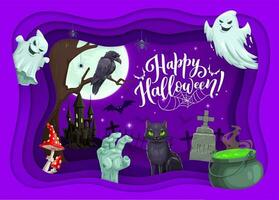 Halloween paper cut with cemetery, castle, ghosts vector