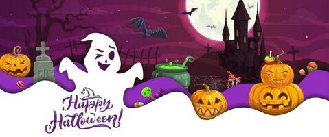 Halloween paper cut banner cartoon eerie ghost vector
