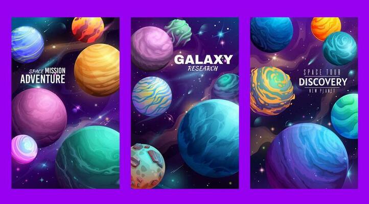 Cartoon galaxy space planets poster, backgrounds