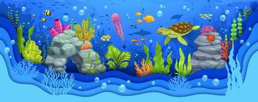 Cartoon sea paper cut underwater landscape, turtle vector