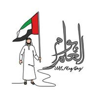 One continuous line drawing of UAE Flag Days with white background. Patriotic design in simple linear style. UAE flag day design concept vector illustration. Translation is Happy UAE flag day