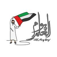 One continuous line drawing of UAE Flag Days with white background. Patriotic design in simple linear style. UAE flag day design concept vector illustration. Translation is Happy UAE flag day