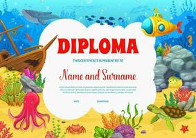 Kids diploma, cartoon sea underwater landscape vector