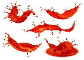 Tomato ketchup sauce splashes, red liquid juice vector