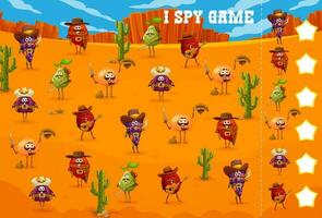 Wild West I spy game, cartoon cowboy sheriff fruit vector