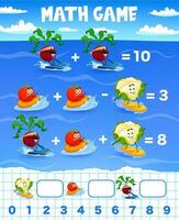 Math game worksheet with vegetables on vacation vector