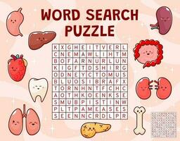 Word search puzzle game with body organ characters vector