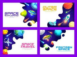 Space landing pages, galaxy planets, spaceship vector