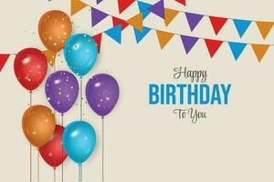 Happy birthday congratulations banner design with color balloons and glossy glitter ribbon vector