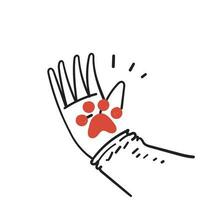 hand drawn doodle hand holding animal paw illustration vector