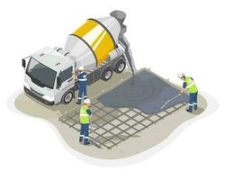 Concrete truck isometric yellow white cement delivery worker working on floor construction worksite isolated cartoon illustration vector