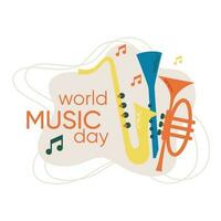 vector música mundo día tarjeta, pegatina, imprimir, bandera o póster con trompeta, tubo, clarinete aislado en un blanco antecedentes.