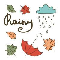 Autumn rainy set with text. Vector collection of seasonal elements isolated on white. Season illustration with falling leaves, cloud, rain and umbrella. Warm autumnal clipart for card, poster, sticker