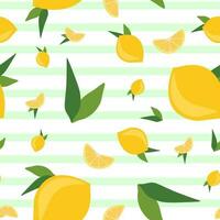 Seamless flat lemon pattern. Citrus fruit and mint stripes. Vector summer and mojito endless background. Fabric or wrapping paper template. Tropical juicy illustration for banner, package, card, decor