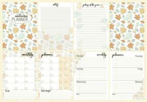 Set of Weekly or Mothly planner, Notes template with Falling leaves, Autumn foliage, cozy style. Collection Trendy pages in floral design. Editable vector illustration. For notebook, planner, schedule