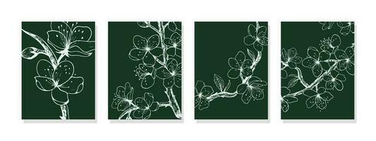 Symphony of sakura adorns the room with four dark green canvas prints capturing the delicate beauty of cherry blossoms. White floral patterns add elegance. vector