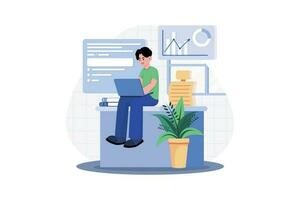 Guy Sitting At A Table On The Laptop At Home vector