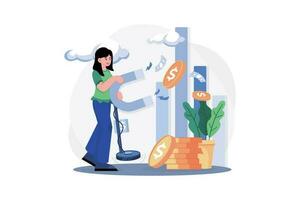 Woman Attracts Money Magnetically Illustration concept. A flat illustration isolated on white background vector