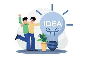 Two Guys Came Up With An Idea By Pointing At A Big Light Bulb vector