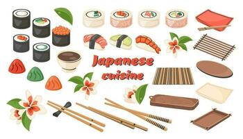 conjunto de asiático tradicional comida aislado. japonés rollos, Sushi maki con pez, camarón, fruto de mar. nacional plato de cerca con palillos, de madera bandeja. Cocinando concepto. vector plano ilustración para menú