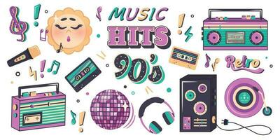 Set of musical elements in retro style of 90s, 80s, 70s. Hand drawn musical cartoon template with slogans about music. Clipart. Vector illustration for nostalgia musical party, advertising poster