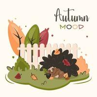 Autumn greeting card. Cute little hedgehog sleeps on lawn by home fence.  Cartoon animal with autumn landscape, falling leaves, trees, acorn. Clipart. Vector flat illustration