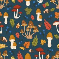 Autumn seamless pattern. Nature background. Forest mushrooms, fall leaves, berries, acorn. Seasonal harvest. Vector illustration for Thanksgiving, wallpapers, textile, notebooks, wrapping paper, print