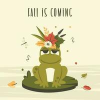 Hand drawn Cute frog with Autumn flowers. Comic toad siiting on leaf in pond, falling leaves, Floral branch, dragonfly. Clipart. Fall greeting card. Nature background. Vector cartoon illustration