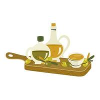 Composition of olive oil bottles, bowl with yellow fat, branch of olive trees, leaves. Glass corked bottles of vegetable oil on wood board. Kitchenware, Cooking concept. Vector flat illustration