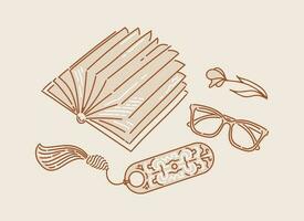 Open book, glasses and a flower. Bookmark with ethnic pattern and silk tassel. Concept for lovers of reading. Doodle style. For postcards, posters, web design, library. vector