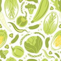 Green vegetables. Peking and white cabbage, cucumbers and beans, bell peppers and jalapenos, broccoli and zucchini. seamless pattern, Healthy lifestyle, proper nutrition, harvesting, veganism vector