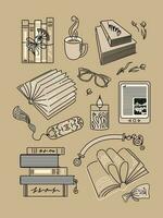 Reading, books in stacks and open. Bookmarks and glasses, candle and cup, e-book. Set of vintage isolated elements. For stickers, posters, postcards, design elements vector