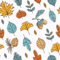 Bright modern autumn pattern. Colorful leaves. Maple, ginkgo biloba, linden, lilac, mountain ash. Acorn and cedar cone. Doodle style. For wallpaper, printing on fabric, packaging, background. vector