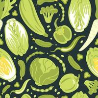 Green vegetables. Peking and white cabbage, cucumbers and beans, bell peppers and jalapenos, broccoli and zucchini. seamless pattern, Healthy lifestyle, proper nutrition, harvesting. Dark background. vector