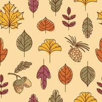 Seamless autumn pattern. Colorful leaves. Maple, ginkgo biloba, linden, lilac, mountain ash. Acorn and cedar cone. In vintage colors. For wallpaper, printing on fabric, packaging, background. vector