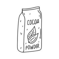 Cocoa in a craft paper pack. Hand drawn doodle style. Vector illustration isolated on white. Coloring page.