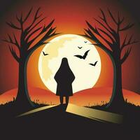 Halloween vector silhouette of a person in the woods and moon boo ghost