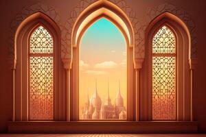 Eid mubarak and ramadan kareem greetings with islamic lantern and mosque. Eid al fitr background. Eid al fitr background of window concept by photo